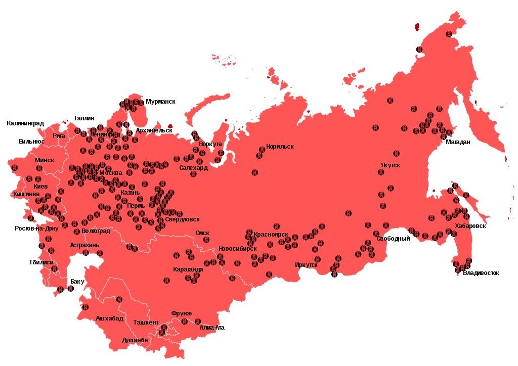 1923-1961年に存在したソビエト連邦内のグラグの場所。