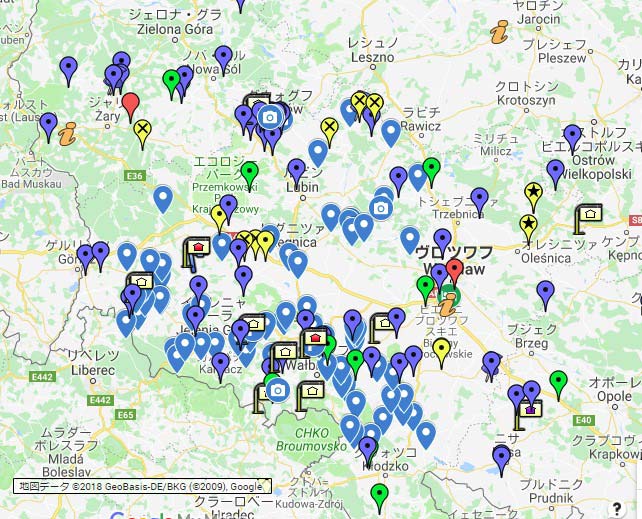 ポーランド南西部の廃墟地図